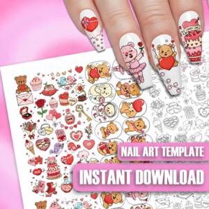 Valentine Nail Art Practice Sheets with Cute Love Bears & Hearts Templates
